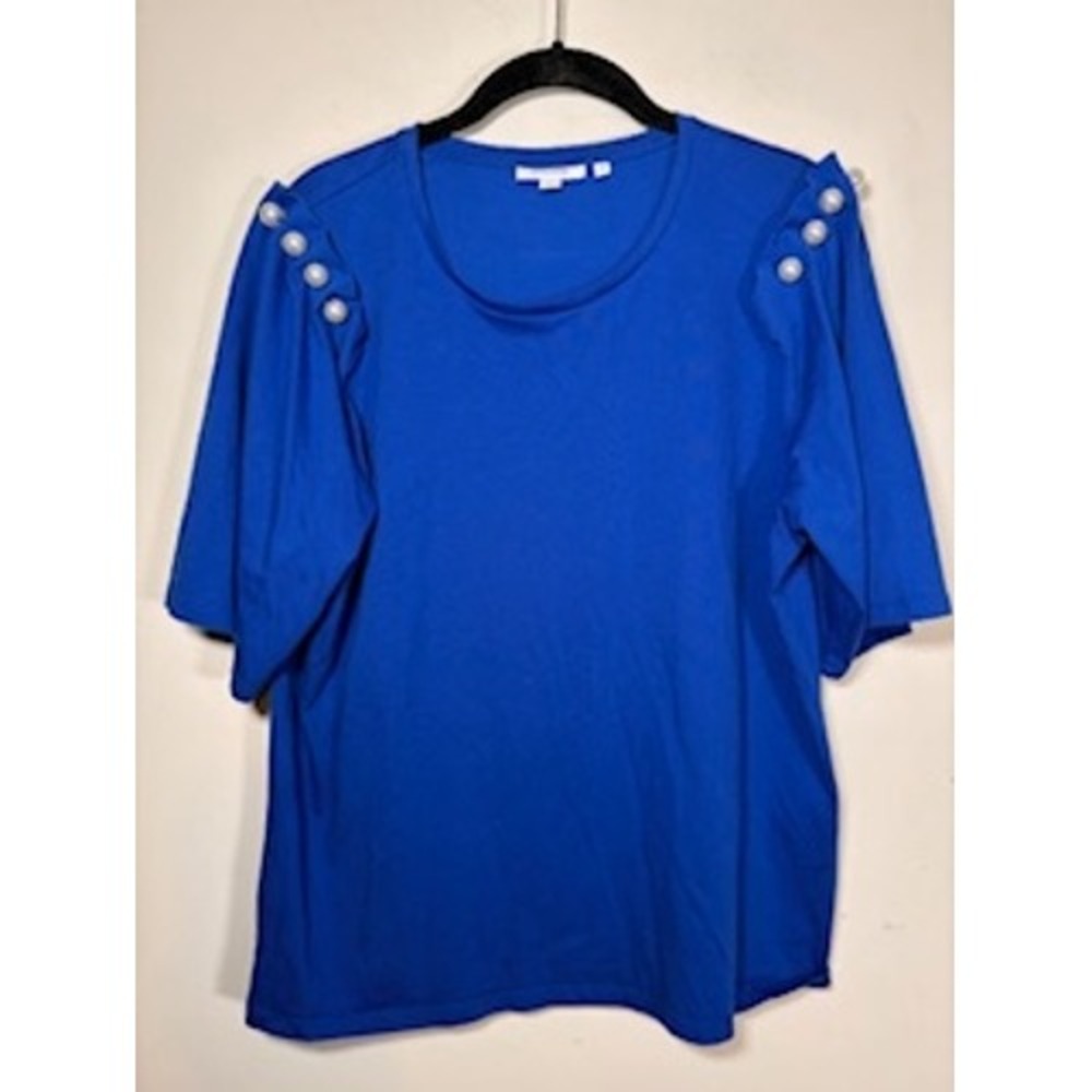 Chico's Top Royal Blue Faux Pearl Shoulder Pleated Size Large Classic Office